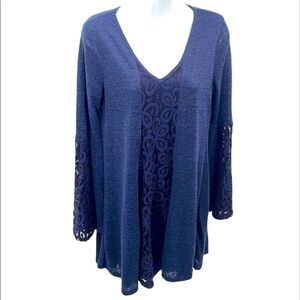 Dina Be navy blue blue sleeve lace mini dress tent v-neck boho oversized roomy